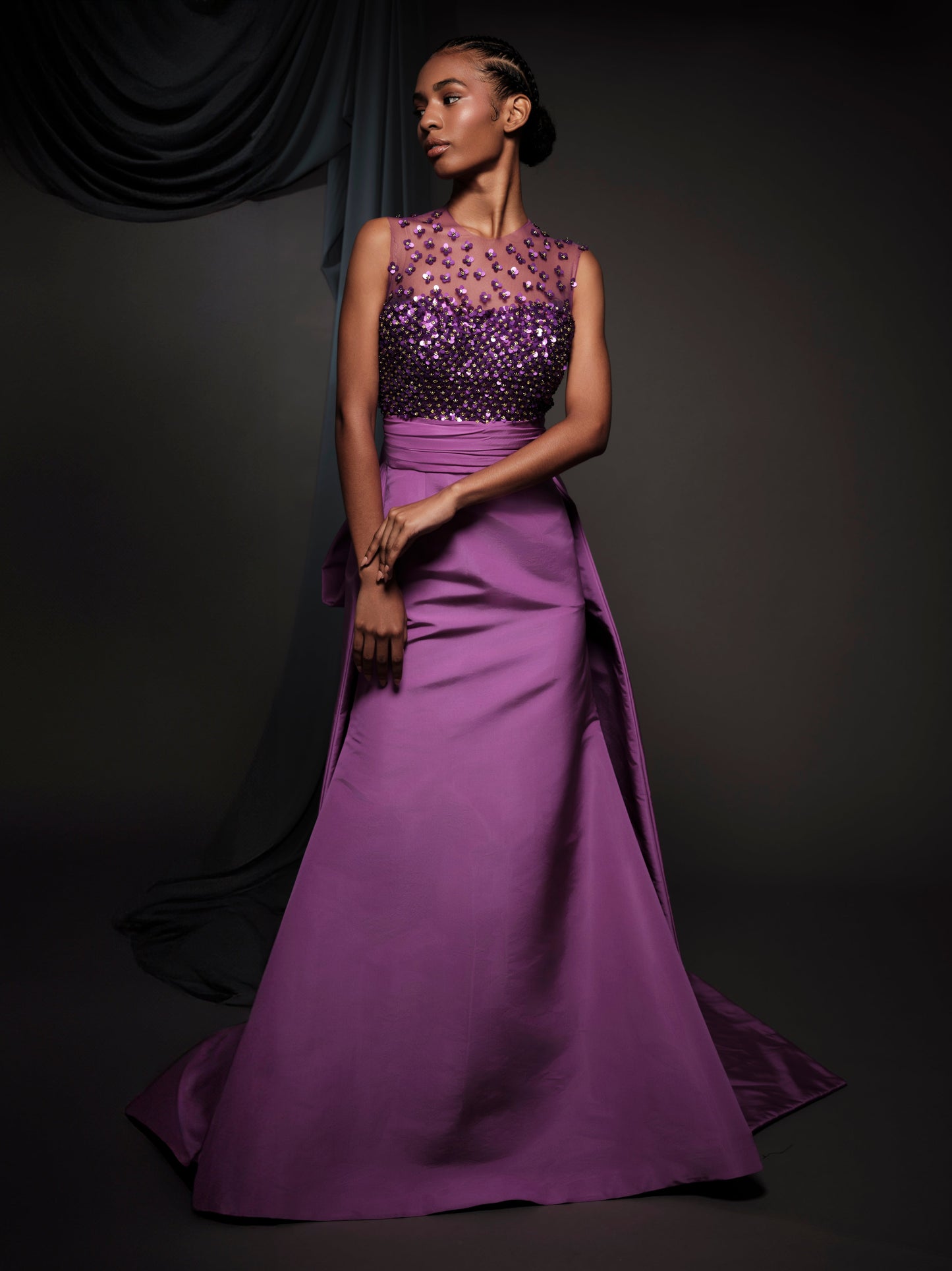 violet embroidered corset dress