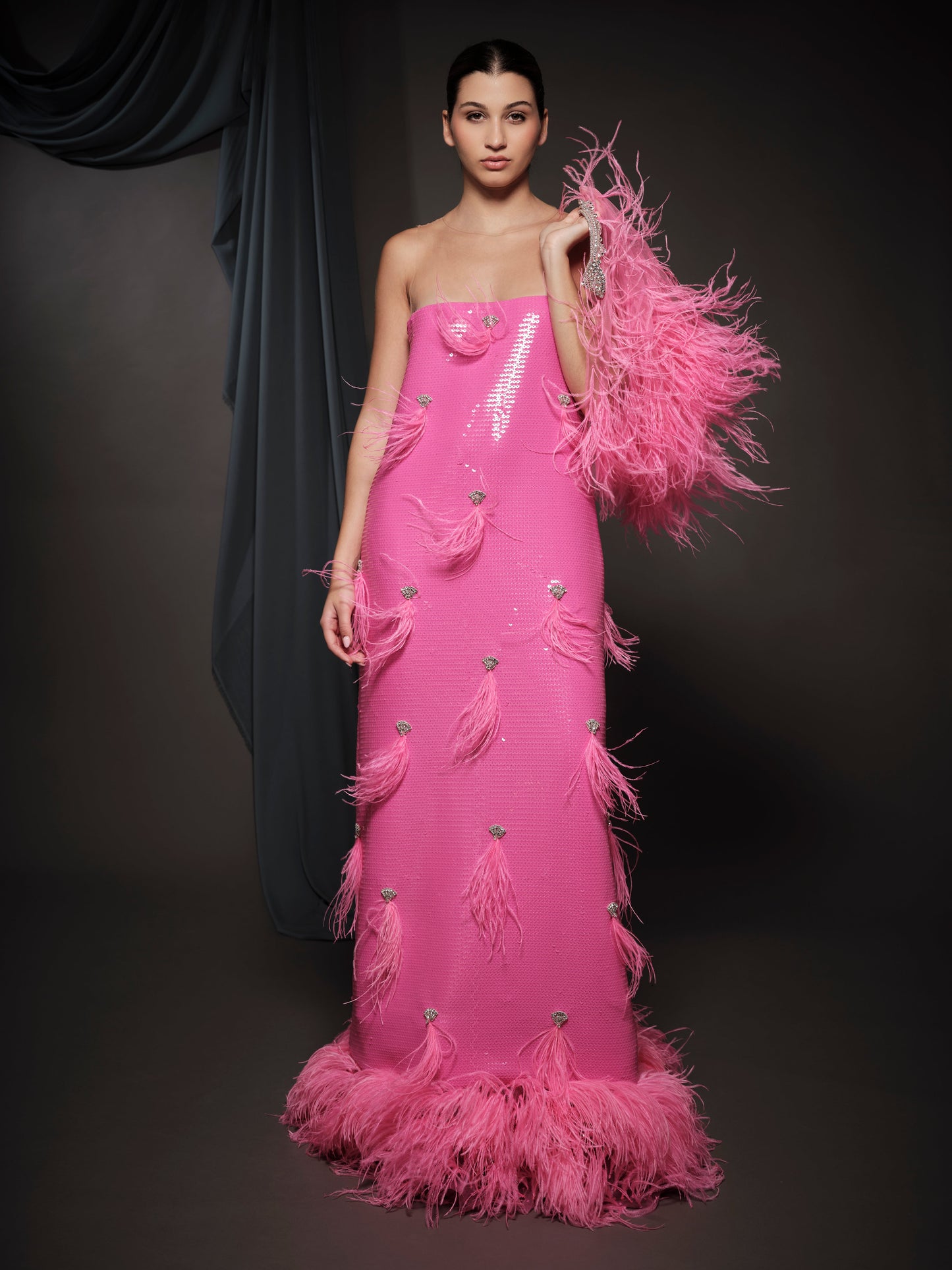 hot pink sequin dress with feathers