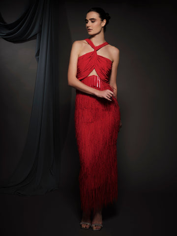 red stick sequin dress