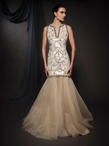 white sequin embroidered dress and nude flared tull