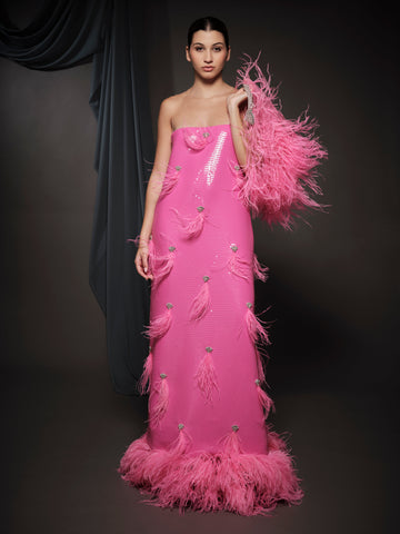 hot pink sequin dress with feathers 