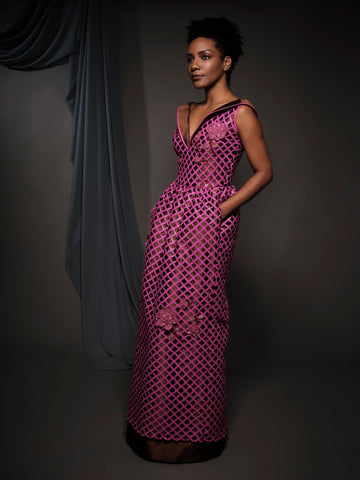 fuchsia dress with long chocolate