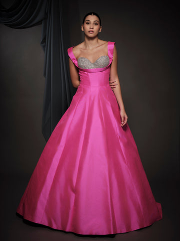 hot pink dress with silver embroidery